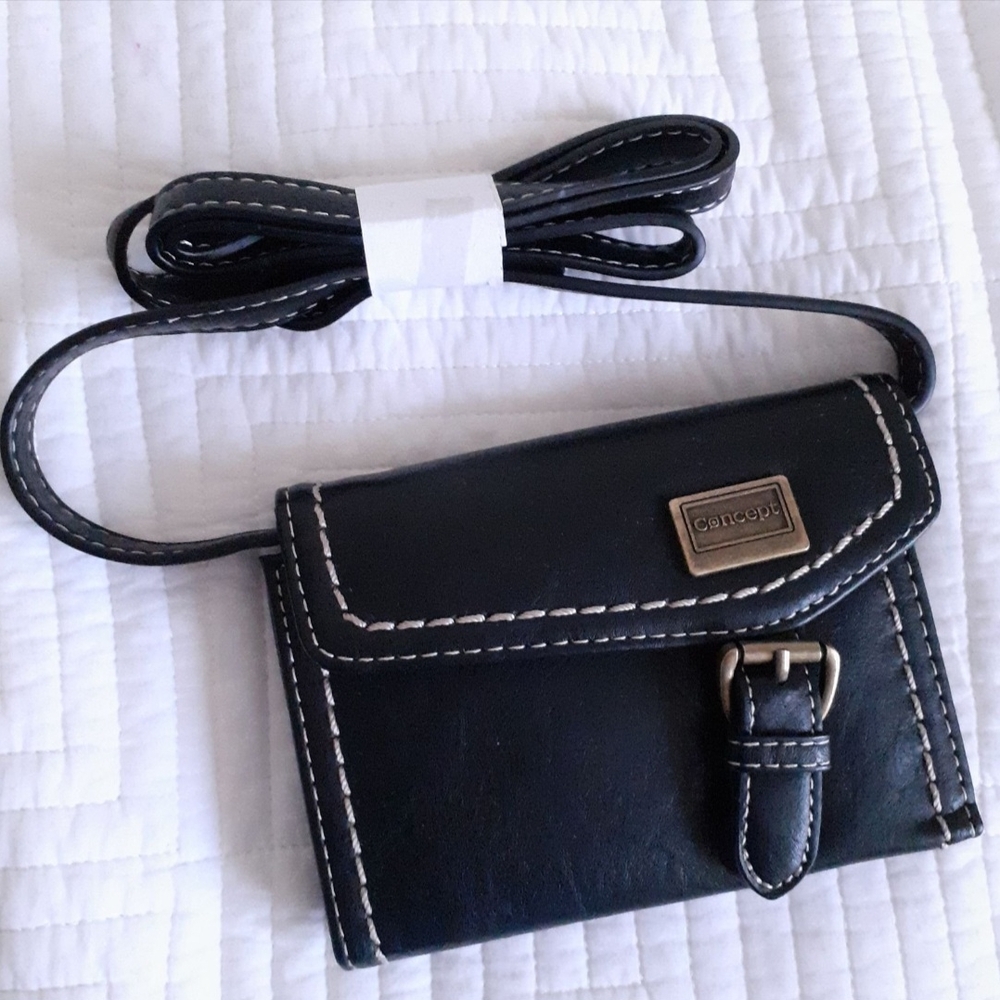 NEW Concept RFID Faux Leather Black Wallet with removable body strap